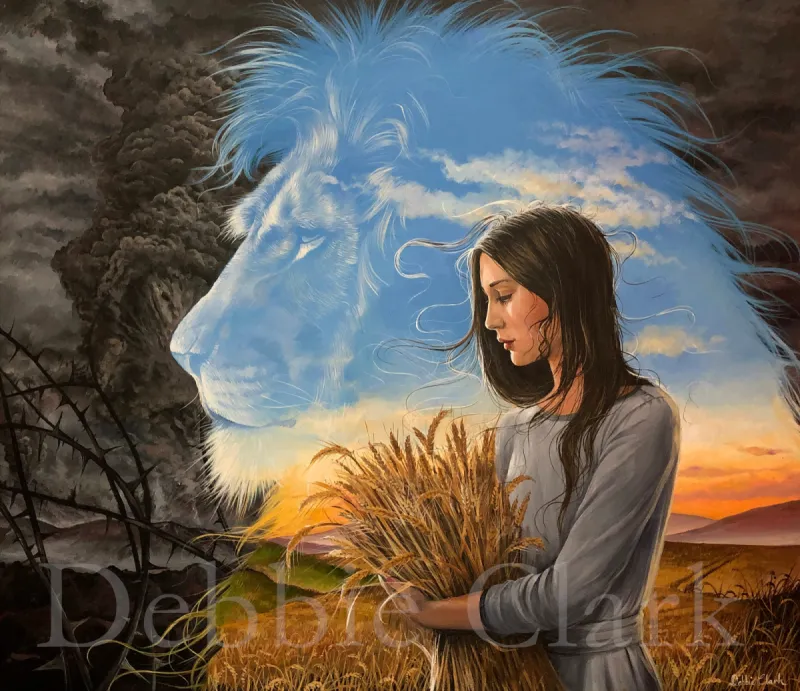 The Lord is My Strength: A woman carrying a sheaf of wheat inside a silhouette of The Lion of Judah.