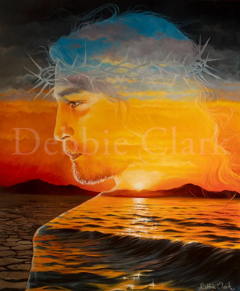 The Light of The World: A surreal painting of Jesus Christ overlaying a sunrise over water.