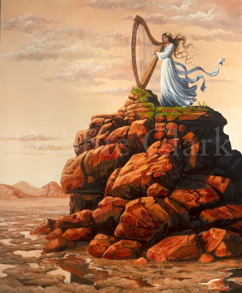 Set Upon A Rock: A woman playing a harp on top of some rocks.