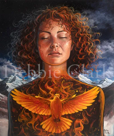 Baptised By FIre: A woman with curly hair with a dove and fire placed across her heart.
