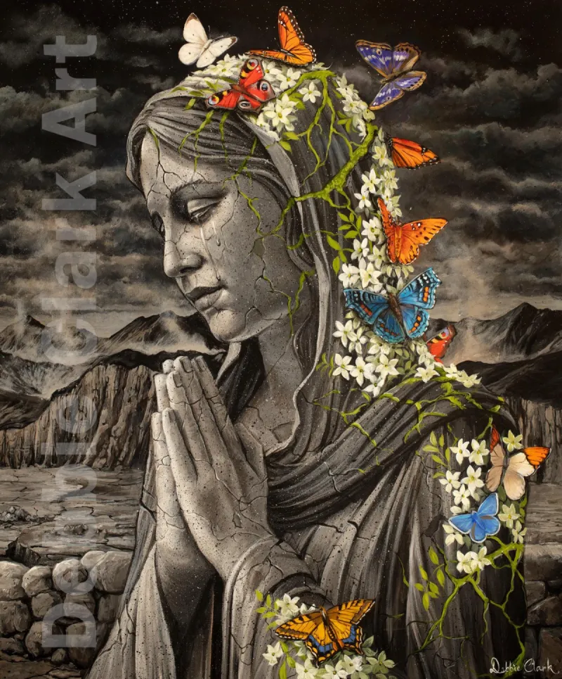 Repentance: A stone woman in prayer being brought to life through her prayer of repentance symbolised by butterflies and flowers growing on her.