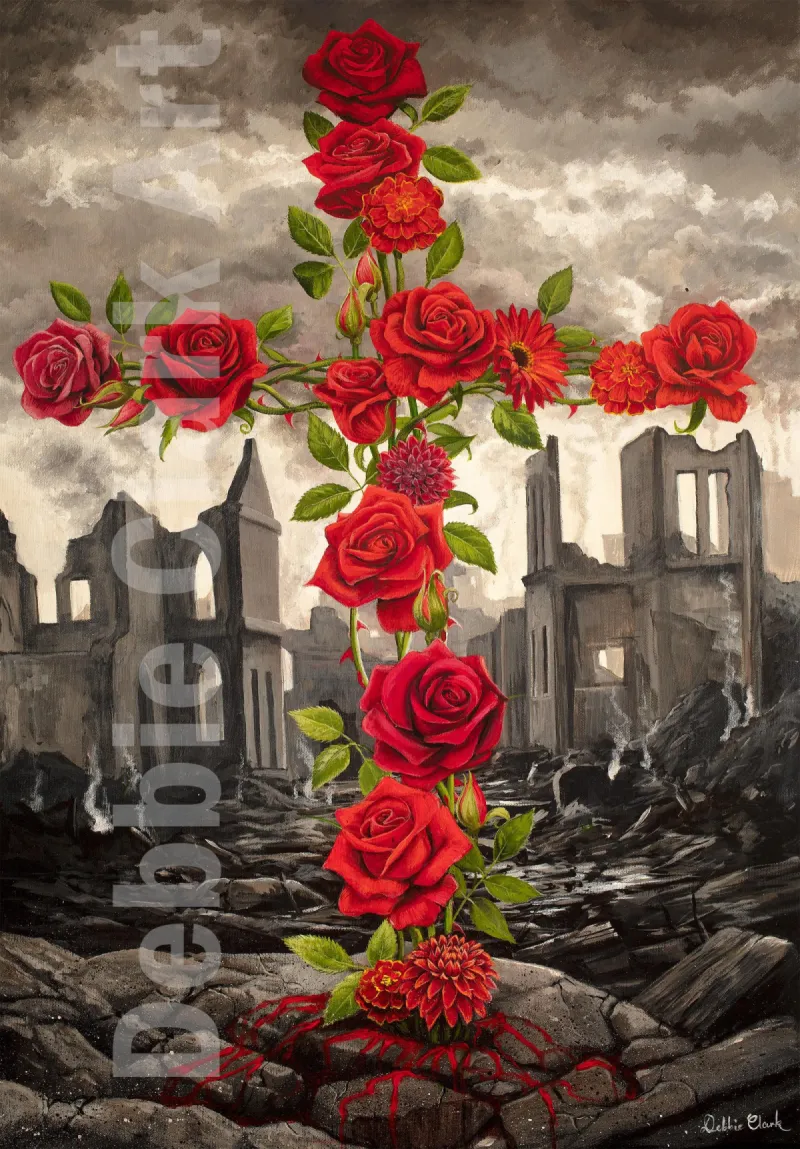 Cross of Red Flowers: A cross make of red flowers against a backdrop of destruction. A warzone. Peace is found through the blood shed on the cross.