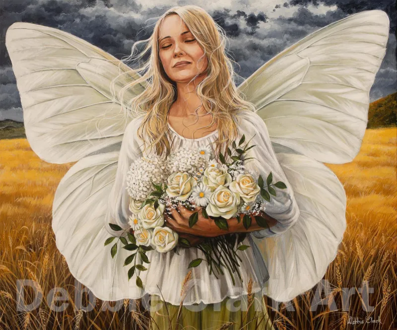 White Wings: A woman holding white flowers with white butterfly wings.