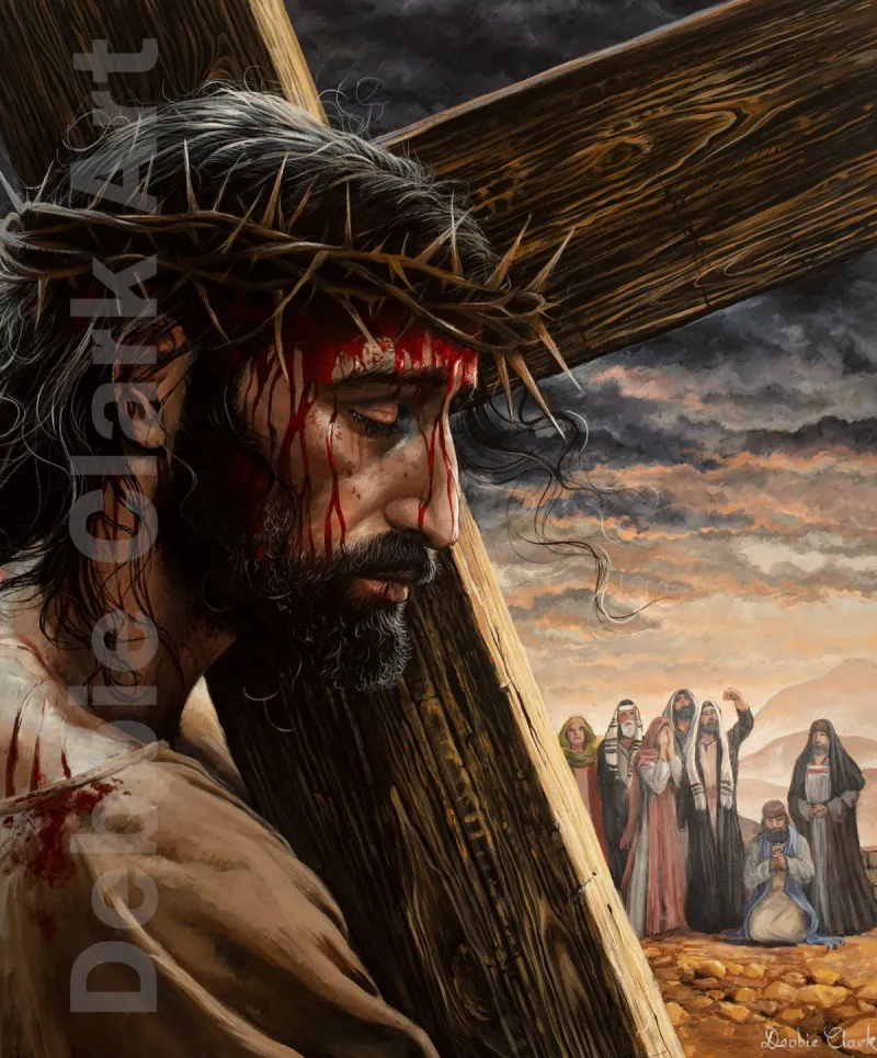 Carrying The Cross: Jesus Christ carrying the cross with onlookers in the background.