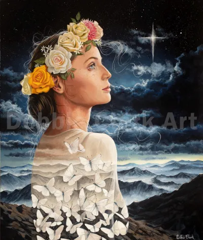 The Transformed Bride: A surreal painting featuring a woman wearing roses against a night sky and butterflies making up her body.