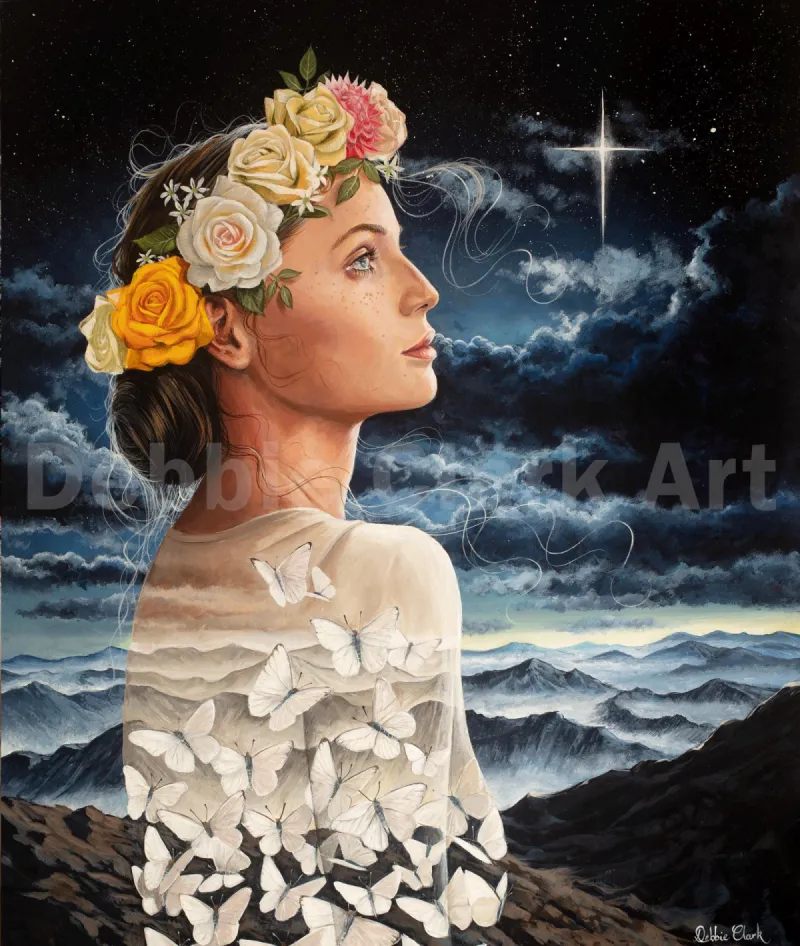 The Transformed Bride: A surreal painting featuring a woman wearing roses against a night sky and butterflies making up her body.