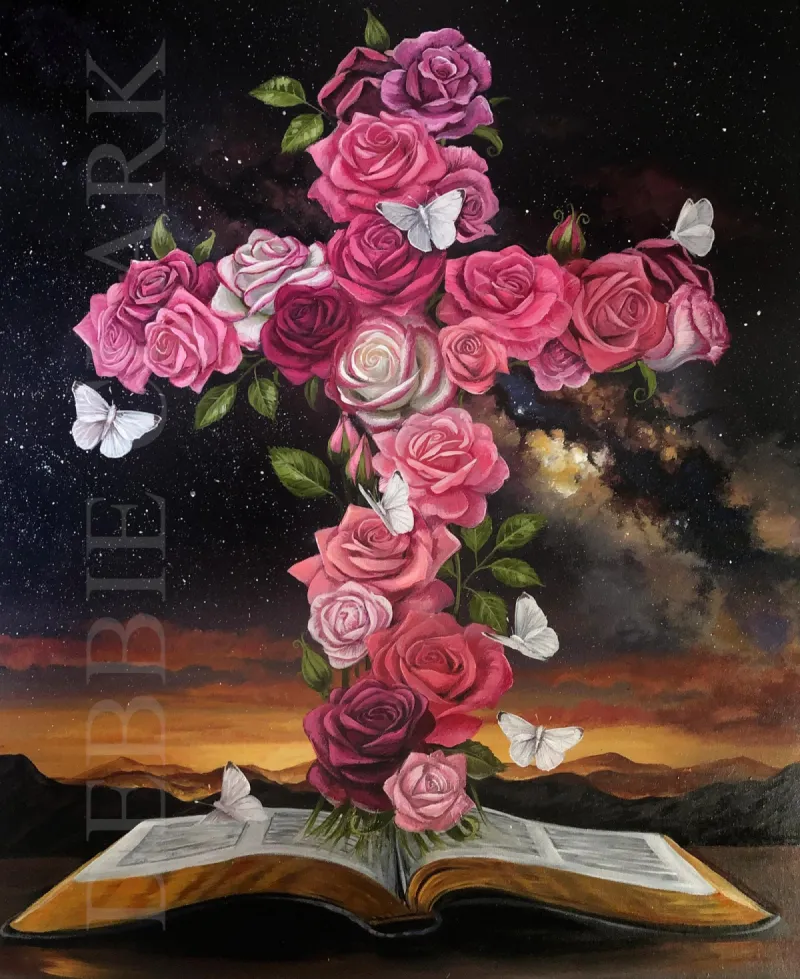 A Cross of Pink Roses: A Christian cross growing out of the words of the bible and surrounded with white butterflies.