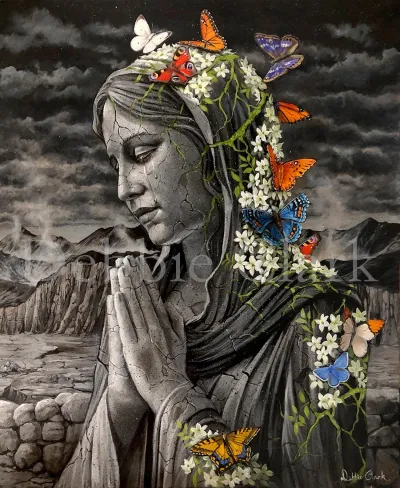 Repentance: A stone woman in prayer being brought to life through her prayer of repentance symbolised by butterflies and flowers growing on her.