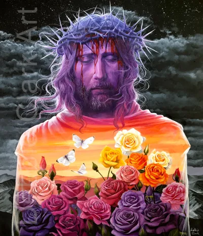 Peace Through The Blood: Jesus in a landscape filled with roses and butterflies.