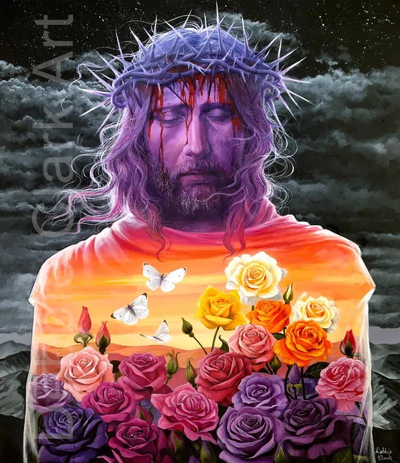Peace Through The Blood: Jesus in a landscape filled with roses and butterflies.