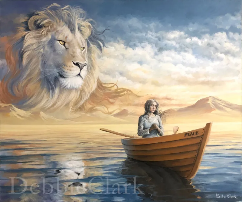 Peace in Believing: A praying woman in a boat called "peace" on tranquil waters with the Lion of Judah in the sky behind her.