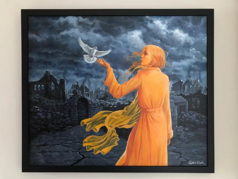 Born of The Spirit: A woman with the warmth of the presence of God in her, a dove representing The Holy Spirit contrasted against desolate world.