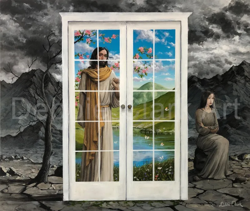 Jesus is Knocking: Jesus knocking on the door of a sorrowful woman in the dark.