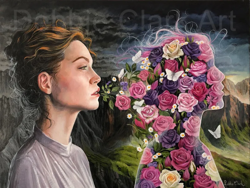 Breathing Life: A woman breathing roses representing speaking life to another.