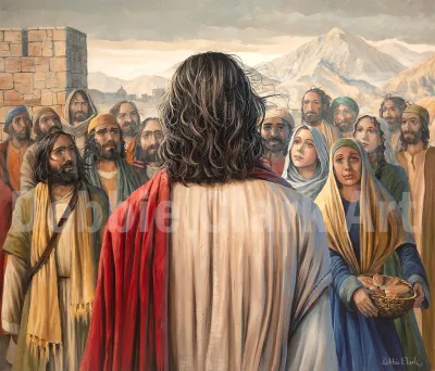 Following Jesus: Jesus' disciples, followers all looking to Jesus whom we can only see from the back.