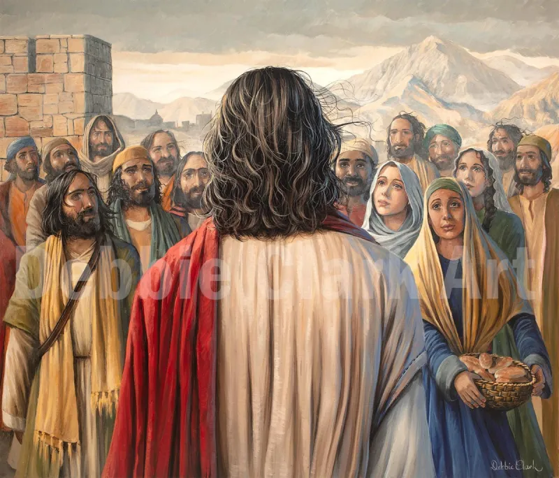 Following Jesus: Jesus' disciples, followers all looking to Jesus whom we can only see from the back.