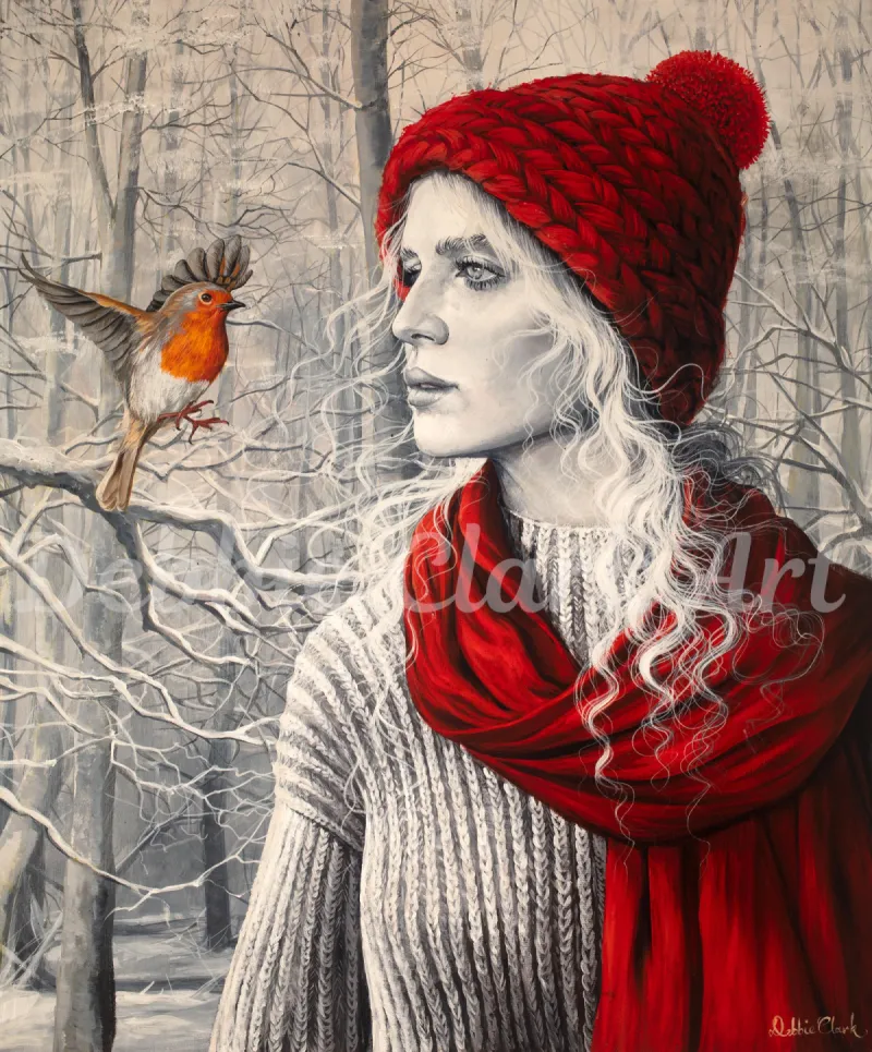 Woman in Winter Woods, acrylic painting by Debbie Clark