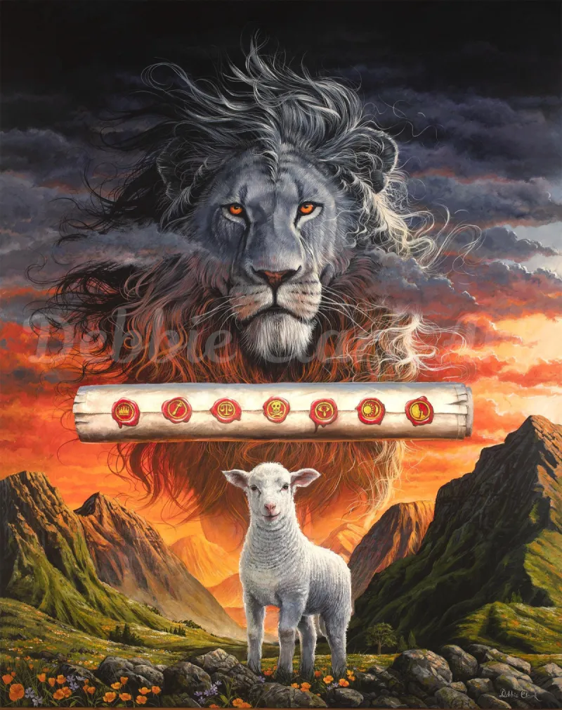 The Lamb of God: The Lion of the Tribe of Judah in the Sky, the Lamb of God and the scroll with 7 seals.