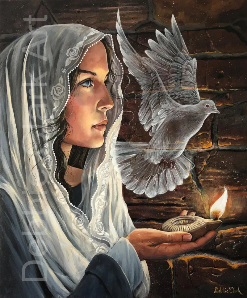 Oil Lamp Burning: A woman wearing a veil and holding a traditional oil lamp from biblical times. She is following a dove representing the Holy Spirit.