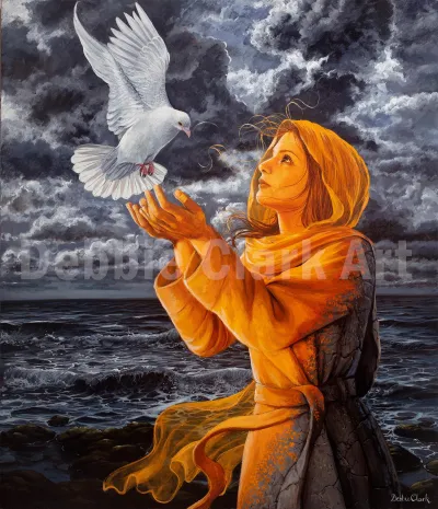 Filled With The Spirit: A woman by the sea reaching up to a dove. The sea in the bible symbolises peoples and the dove, the Holy Spirit. The woman was stone representing being spiritually dead but is being made alive by the Spirit of God. The….