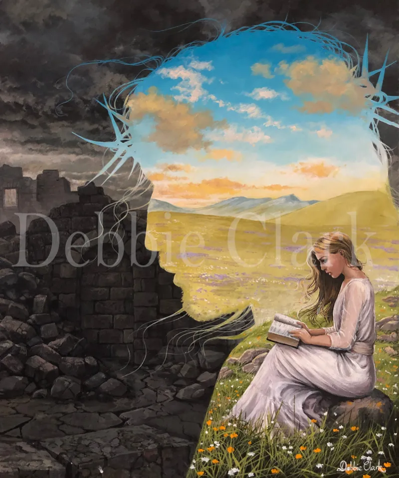 Abide in Christ: A desolate landscape and dark landscape with a silhouette of Jesus Christ. Within the silhouette is a pretty landscape with grass and wildflowers and a woman sitting reading the Word of God.
