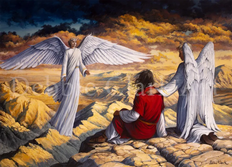 Jesus on a Mountain Top: Jesus Christ on a mountain top with two angels.
