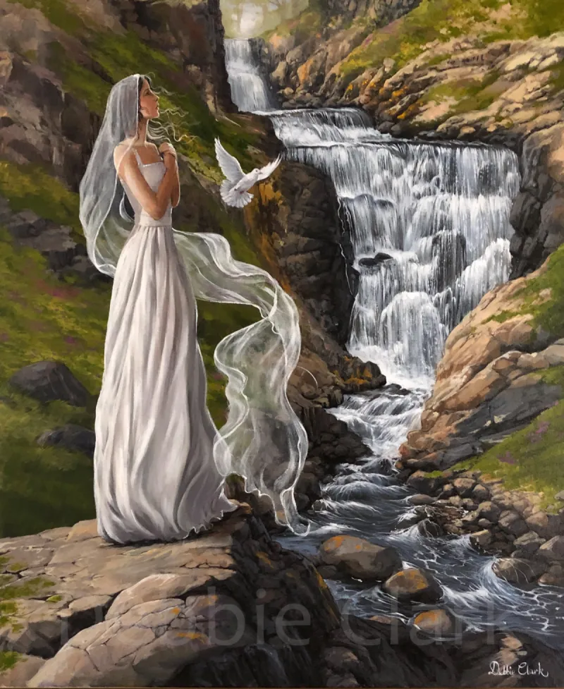Spirit and The bride: A praying bride and white dove by a waterfall.