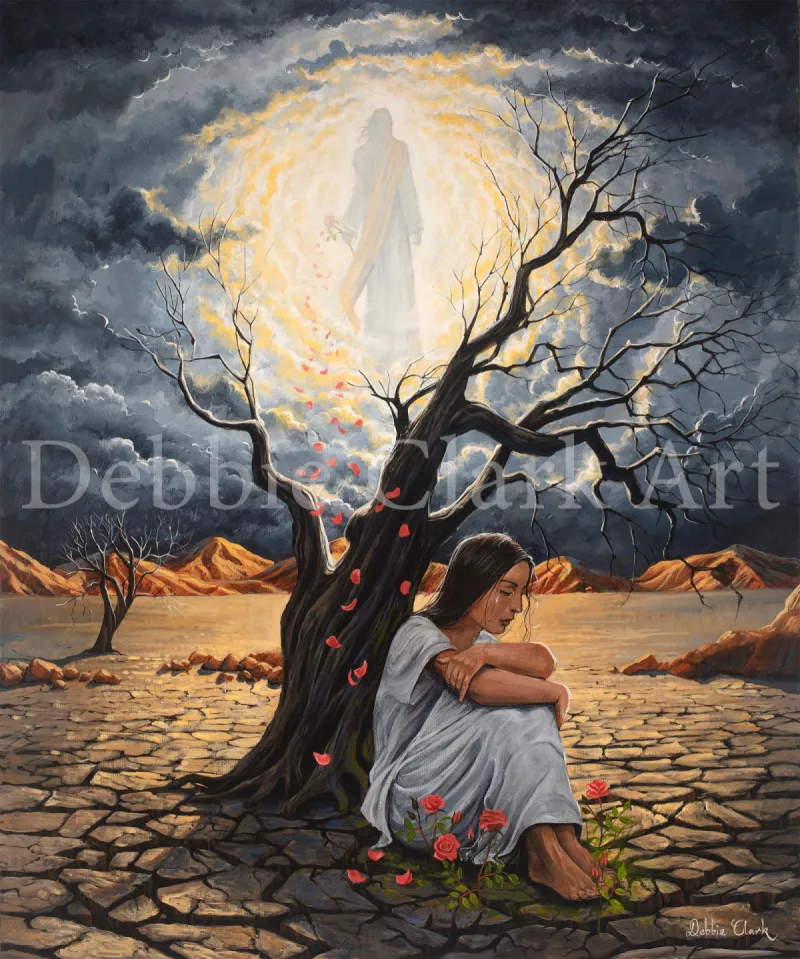 Restorer of The Soul: A woman full of sorrow sat down in a dry, desert land under a withered tree. Jesus is in the clouds with his love coming towards her as represented by rose petals.