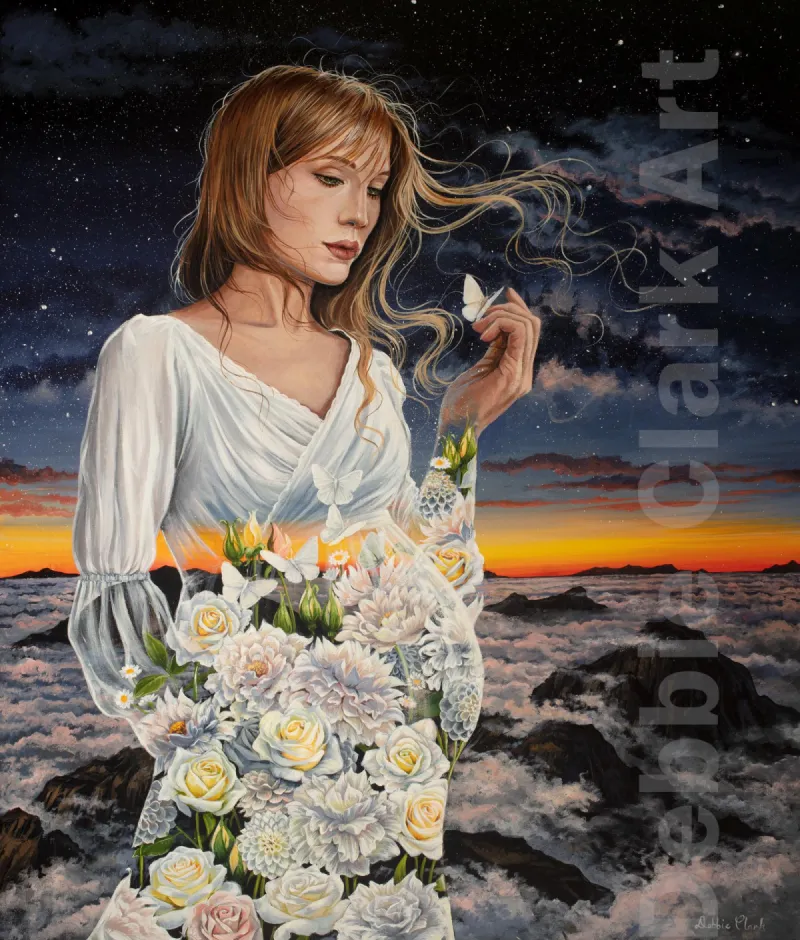 Life is Precious: A surreal painting featuring a woman wearing roses against a night sky and butterflies making up her body.