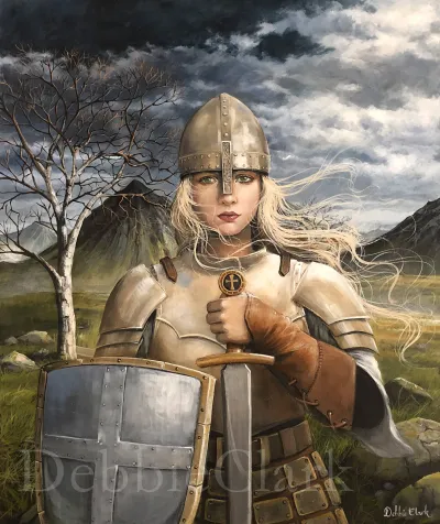 Armour of God: A woman with long blonde hair wearing gold armour, holding a sword and shield.