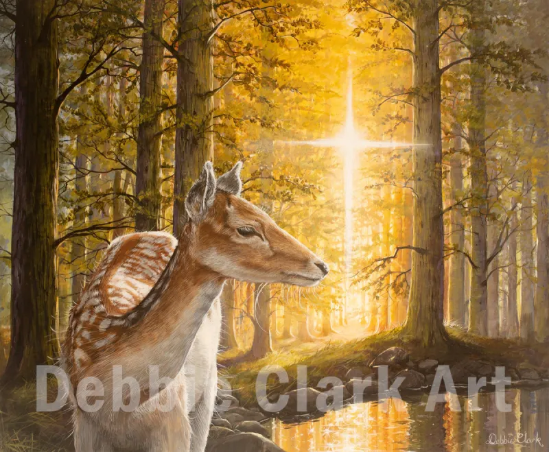 Deer by The Water: A deer in a golden forest with light shaped into a cross beaming through the trees.