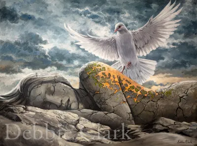Saved by Grace: A stone female figure asleep on the ground with a white dove bringing life to her.
