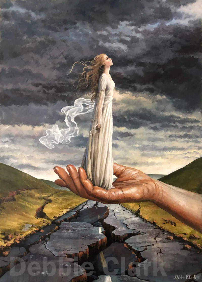 The Hand of God: A woman in a white dress to symbolise the bride of Christ, being elevated by the Hand of God above destruction below.
