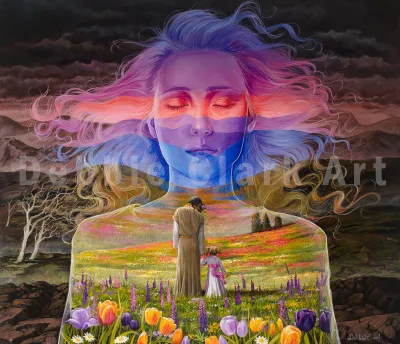 Home with Jesus: Jesus and a little girl walking in a beautiful meadow within her heart. Inspired by bible verses.