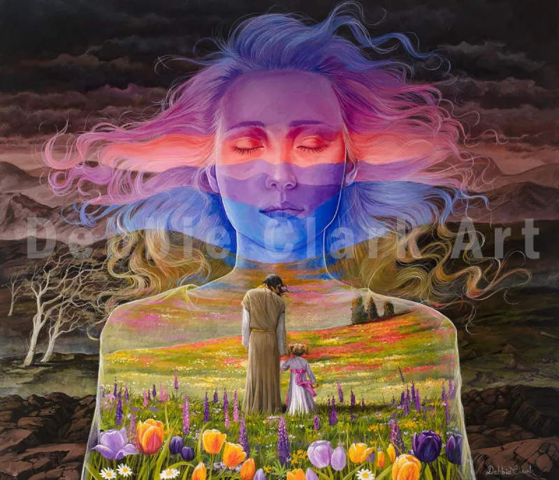 Home with Jesus: Jesus and a little girl walking in a beautiful meadow within her heart. Inspired by bible verses.