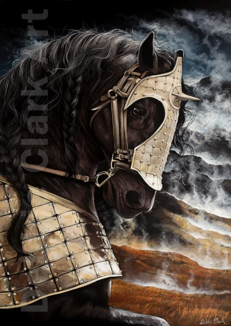 Warrior Horse: A black war horse wearing armour.