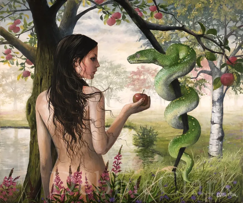 Eve and the Serpent: Eve in the Garden of Eden, holding an apple freshly picked from the apple tree, being tricked by the serpent.