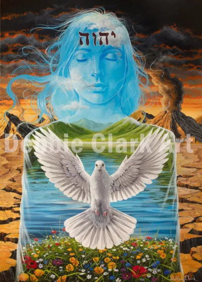 The Remnant: A silhouette of a female figure. Within her are blue skies, flowers, peaceful water and a white dove to represent the Holy Spirit. Outside the silhouette is desert wasteland. The Hebrew letters on her forehead spell….