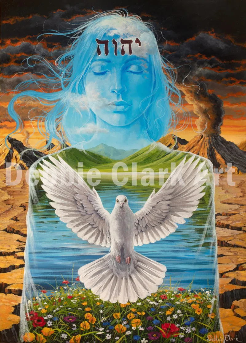 The Remnant: A silhouette of a female figure. Within her are blue skies, flowers, peaceful water and a white dove to represent the Holy Spirit. Outside the silhouette is desert wasteland. The Hebrew letters on her forehead spell….