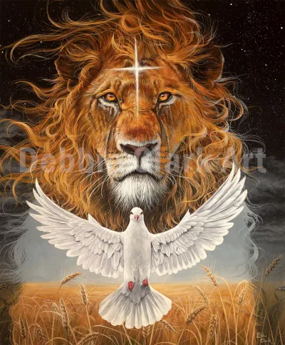Lord of The Harvest: A portrait of a majestic lion (The Lion of the Tribe of Judah), a white dove to represent the Holy Spirit and fields of wheat at the foot of the painting.
