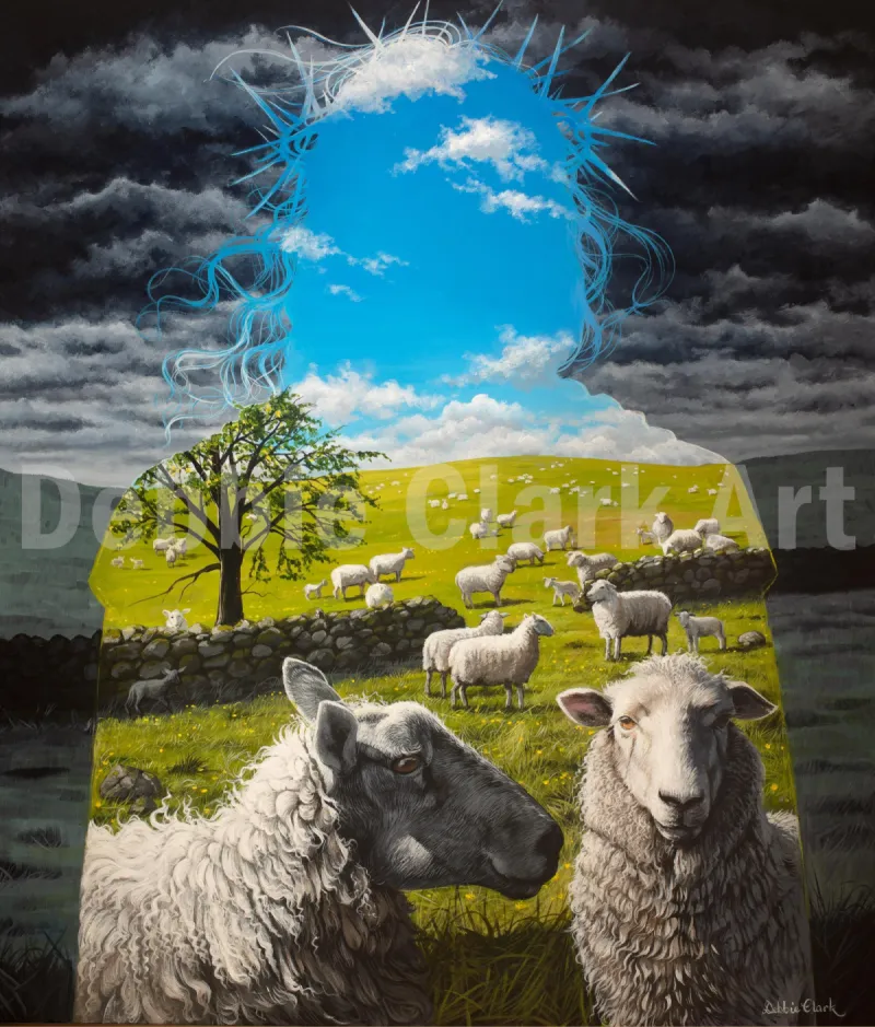The Sheep of His Pasture: Sheep and pasture land within a silhouette of Jesus Christ. Green fields, blue skies, crown of thorns.