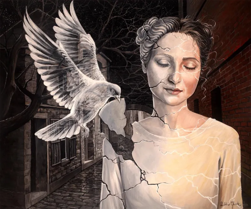Restored Soul: A portrait of a fractured woman being restored by a dove that represents the Holy Spirit.