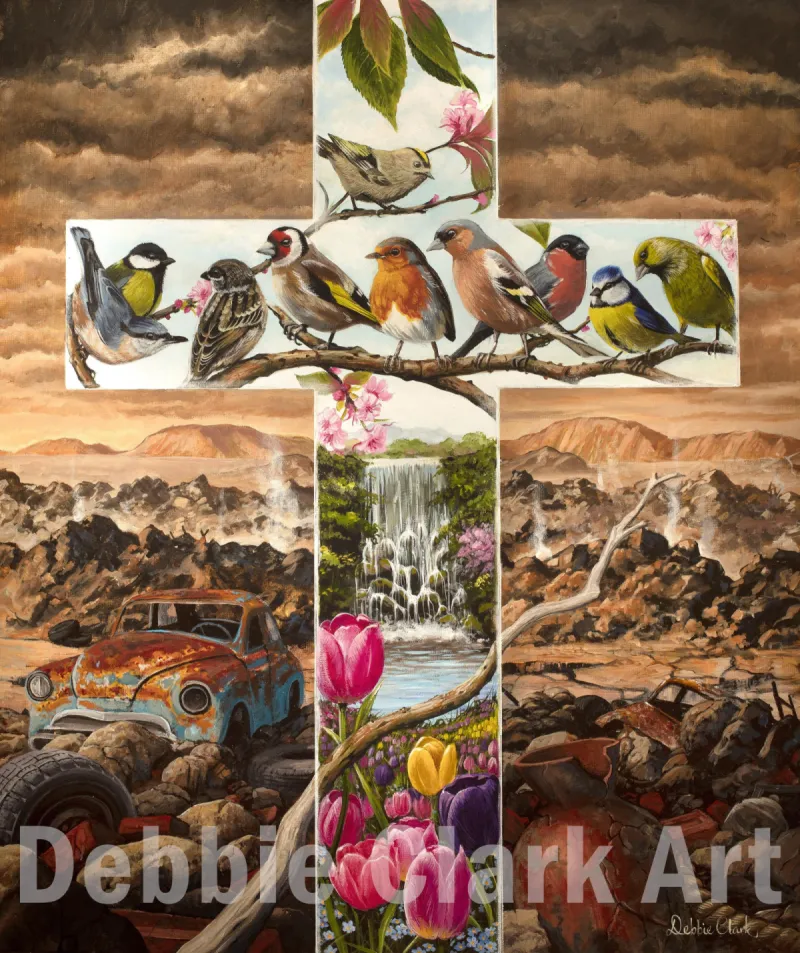Alive Through The Cross: A desolate lifeless scene with a Christian cross. Through the cross there are birds and flowers and a pretty landscape.
