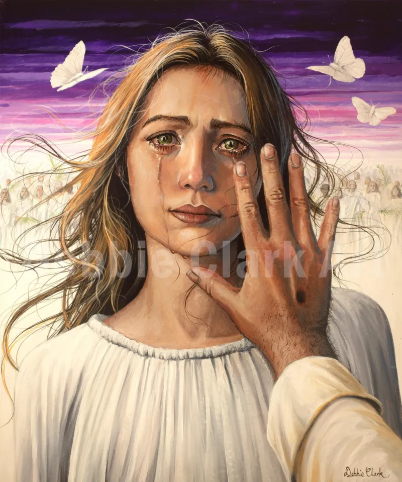 Wiping Away The Tears: A portrait of a woman having her tears wiped away by the hand of Jesus.