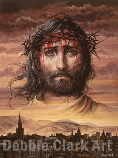The Lord of Edinburgh: A portrait of a tearful Lord Jesus Christ to show His heart over the lost. He is over an Edinburgh skyline.