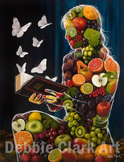 Fruit of the Spirit: A silhouette of a female figure reading the Bible. She is filled with all kinds of fruit. There are white butterflies rising up from the pages of the Bible to symbolise transformation and purity.