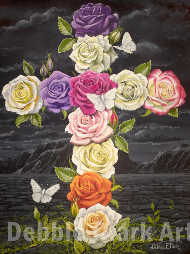 Cross of Roses: A brightly coloured cross made of roses against a dark background.
