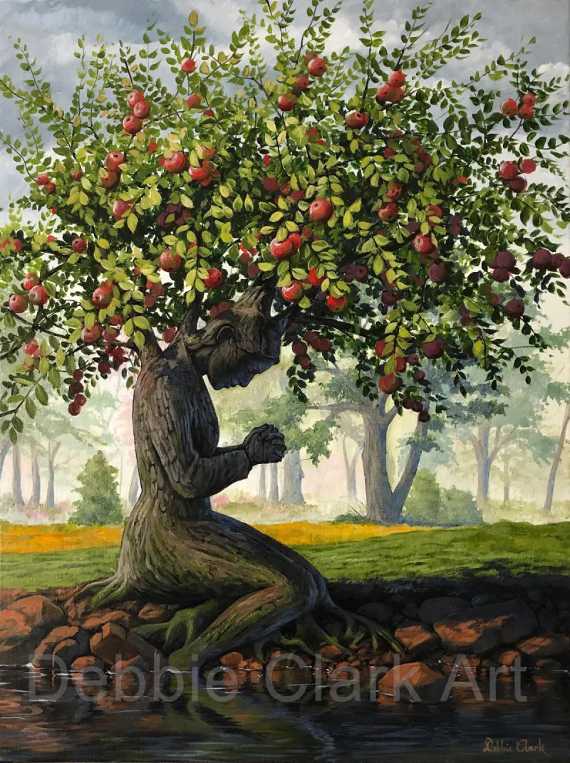 Bearing Much Fruit: A tree in the shape of a praying person by a river bank and bearing much fruit.