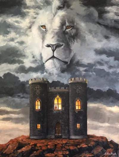 Shadow of the Most High: A fortress beneath the Lion of Judah in the clouds.