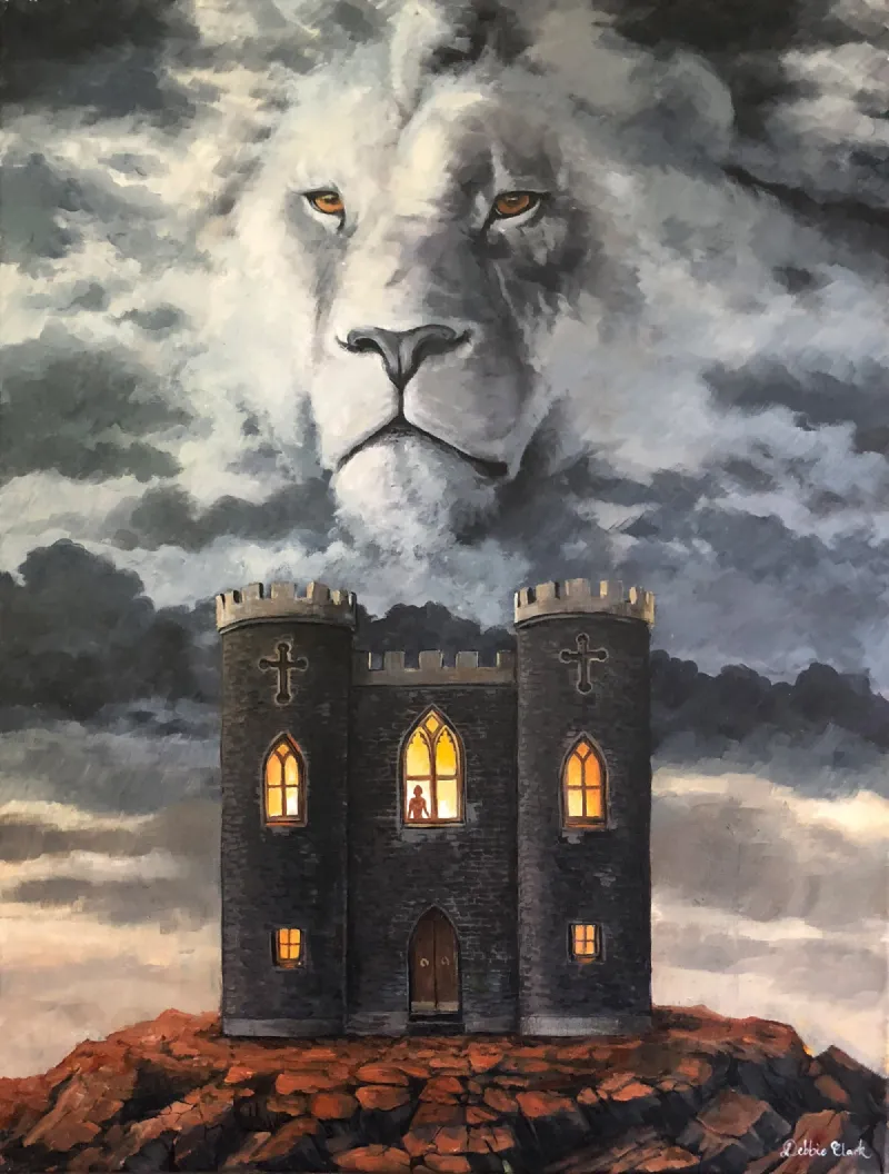 Shadow of the Most High: A fortress beneath the Lion of Judah in the clouds.